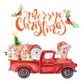 Merry Christmas watercolor card with red truck, pigs and Santa. Hand drawn lettering quote