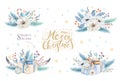 Merry Christmas watercolor cards with floral elements. Happy New Year lettering posters. Winter flower and branch Royalty Free Stock Photo