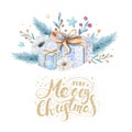 Merry Christmas watercolor cards with floral elements. Happy New Year lettering posters. Winter flower and branch Royalty Free Stock Photo