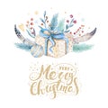 Merry Christmas watercolor cards with floral elements. Happy New Year lettering posters. Winter flower and branch Royalty Free Stock Photo