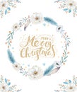 Merry Christmas watercolor cards with floral elements. Happy New Year lettering posters. Winter xmas flower and branch Royalty Free Stock Photo