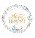 Merry Christmas watercolor cards with floral elements. Happy New Year lettering posters. Winter xmas flower and branch Royalty Free Stock Photo