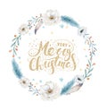 Merry Christmas watercolor cards with floral elements. Happy New Year lettering posters. Winter xmas flower and branch Royalty Free Stock Photo