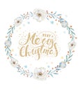 Merry Christmas watercolor cards with floral elements. Happy New Year lettering posters. Winter xmas flower and branch Royalty Free Stock Photo