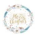 Merry Christmas watercolor cards with floral elements. Happy New Year lettering posters. Winter xmas flower and branch Royalty Free Stock Photo