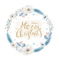 Merry Christmas watercolor cards with floral elements. Happy New Year lettering posters. Winter xmas flower and branch Royalty Free Stock Photo