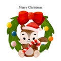Merry Christmas with watercolor cute squirrel wearing Santa hat holding candy cane vector