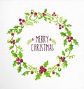 Merry Christmas watercolor holly berry wreath card Royalty Free Stock Photo