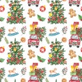 Merry Christmas watercolor seamless pattern with fir tree, gifts, vintage red car. Winter holiday print Royalty Free Stock Photo