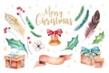 Merry Christmas watercolor set with floral elements. Happy New Year lettering poster collection. Winter flower and Royalty Free Stock Photo