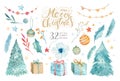 Merry Christmas watercolor set with floral elements. Happy New Year lettering poster collection. Winter flowers, gift Royalty Free Stock Photo