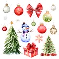 Merry Christmas watercolor set of traditional decor and elements. Tree, gift boxes, bows and bolls. Elements of a