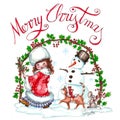 Merry Christmas watercolor illustration with children a snowman a funny cat and a small mouse Royalty Free Stock Photo