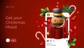 Merry Christmas web banner with Christmas nutcracker. Wooden soldier toy gift and holiday decorations elements