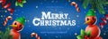 Merry Christmas web banner, with xmas snowman, green pine branches, candy stick and holly berry. Horizontal posters