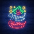 Merry Christmas, welcome card, done in neon style isolated. Neon sign on the Christmas theme. Bright banner, luminous