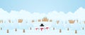 Merry Christmas, welcome snowman and trees on snow, winter landscape, village or house on hill and snow falling with snowflake