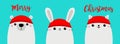 Merry Christmas. White bear bunny rabbit cat kitten head face set. Red hat. Happy New Year. Cute cartoon kawaii baby character. Royalty Free Stock Photo