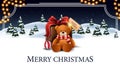Merry Christmas, white and blue postcard with cartoon winter forest with spruces, starry sky, garland and present with Teddy bear