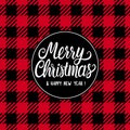 Merry Christmas white hand drawn lettering text inscription. Vector illustration Checkered black and red background
