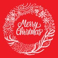 Merry Christmas white hand drawn lettering text inscription. Vector illustration round ornament frame isolated on red Royalty Free Stock Photo