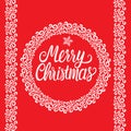Merry Christmas white hand drawn lettering text inscription. Vector illustration round winter lace ornament frame and