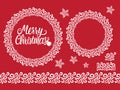 Merry Christmas white hand drawn lettering text inscription. Vector illustration set round winter lace ornament frame