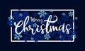 Merry christmas white hand letter in frame on blue snow sign and blue dark background vector design