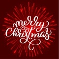 Merry Christmas white text on on red fireworks background. Hand drawn Calligraphy lettering Vector illustration EPS10 Royalty Free Stock Photo