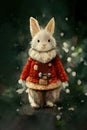 Merry Christmas Whiter rabbit with wearing a red fur jacket. AI created a digital art illustration