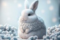 Merry Christmas Whiter rabbit with wearing a red fur jacket. Generative AI