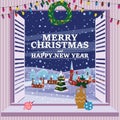 Merry Christmas Window view on winter town, village christmas tree, New Year retro toys decorations. Vector illustration