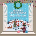 Merry Christmas Window view on winter town, village christmas tree, New Year retro toys decorations. Vector illustration