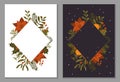 Christmas winter foliage plants flowers leaves branches and red berries frame on dark and white texture, vector illustration templ