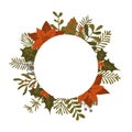 Christmas winter foliage plants, poinsettia flowers leaves branches, red berries circle round frame template, isolated vector illu