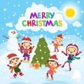 Merry Christmas. 2017. Winter fun. Cheerful kids playing in the snow. Stock vector illustration of a group of happy children in re Royalty Free Stock Photo