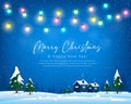 Merry Christmas winter greeting card bulb light, house, tree and snow blue background Royalty Free Stock Photo