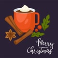 Merry Christmas winter holiday, mug with beverage vector