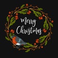 Merry Christmas winter holiday poster greeting with wreath