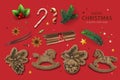 Merry Christmas winter holiday realistic symbols set. Christmas rocking horse, wooden toy, fir tree branch, star shape