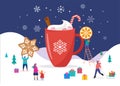 Merry Christmas, winter scene with a big cocoa mug and small people, young men and women, families having fun in snow