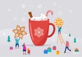 Merry Christmas, winter scene with a big cocoa mug and small people, young men and women, families having fun in snow