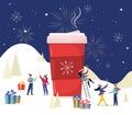 Merry Christmas. Winter scene with a large mug of cocoa and tiny people, men and women having fun in the snow and celebrating the Royalty Free Stock Photo