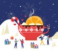 Merry Christmas. Winter scene with a large mug of cocoa and tiny people, men and women having fun in the snow and celebrating the Royalty Free Stock Photo