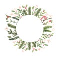 Merry Christmas. Winter Watercolor circle label with snowflakes, holly, mistletoe, spruce branch. Hand drawn illustration.