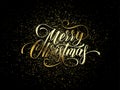 Merry Christmas wish greeting card of gold glitter confetti or sparkling fireworks on premium luxury black background. Vector gold