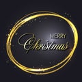 Merry Christmas wishes greeting card with gold glitter confetti on premium luxury black with magic shine frame