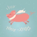 Merry Christmas wishing, greeting card Christmas Pig with scarf Banner label sign print poster banner xmas Royalty Free Stock Photo