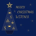 Merry christmas, witches greeting card with christmas tree. Holiday card with pagan symbol on dark blue background