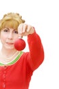 Merry Christmas with woman holding a red bauble